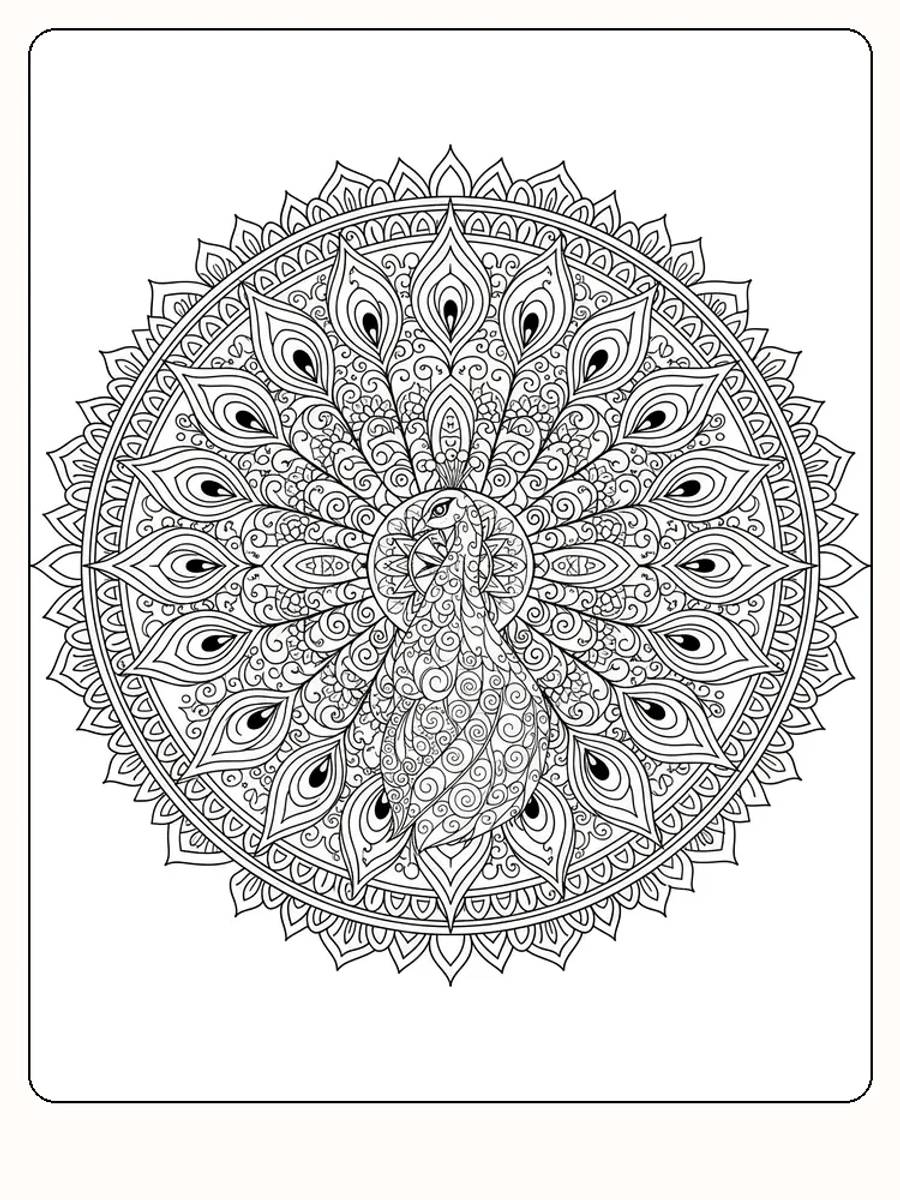 Detaljert mandala med påfuglmotiv, klar for fargelegging