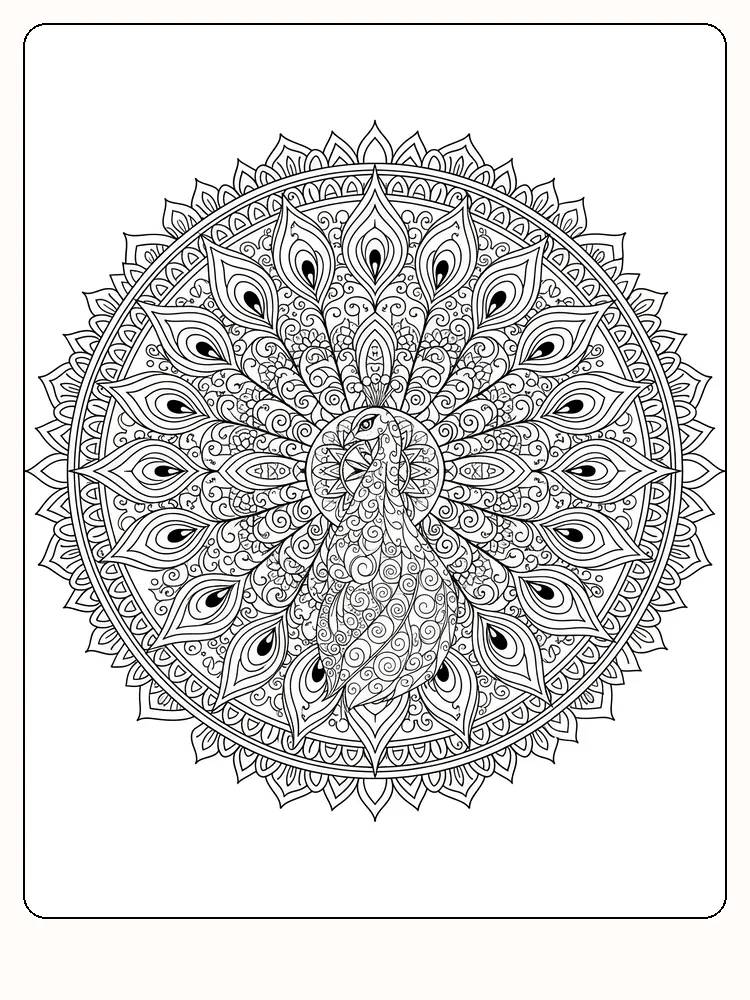 Detaljert mandala med påfuglmotiv, klar for fargelegging