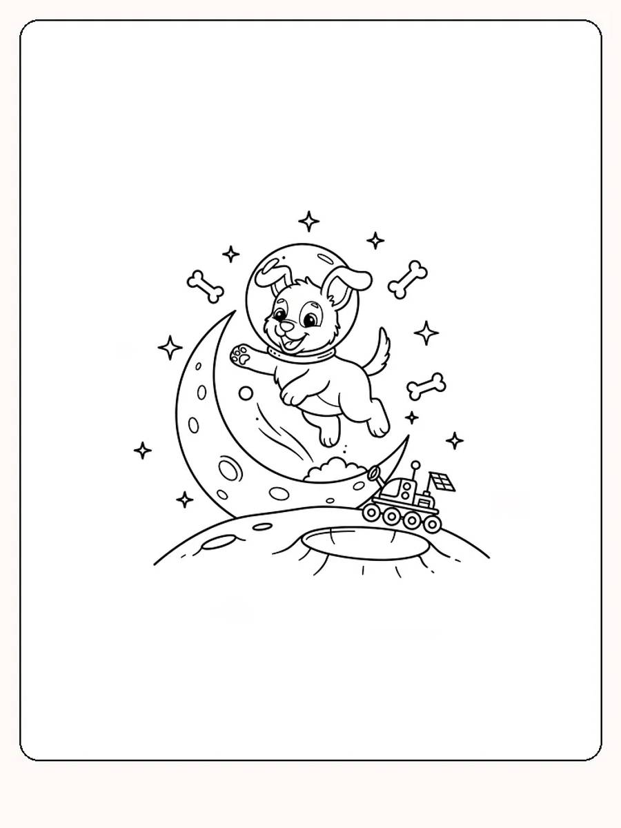 Fargeleggingstegning av en hund astronaut på månen, klar for nedlasting