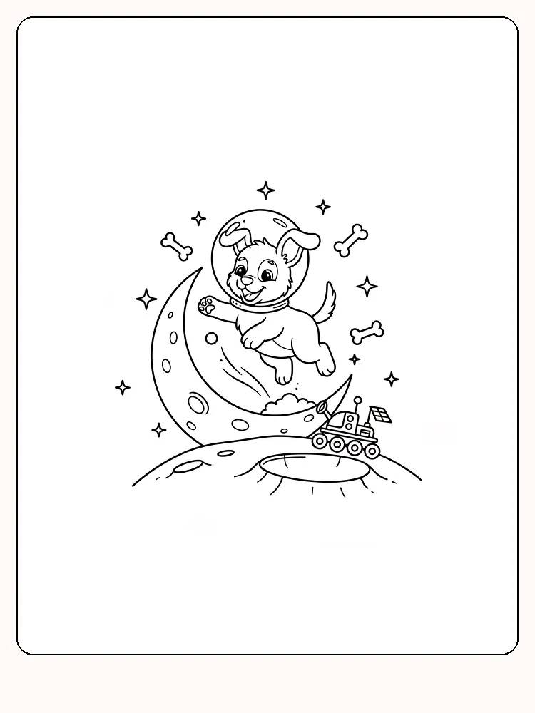 Fargeleggingstegning av en hund astronaut på månen, klar for nedlasting