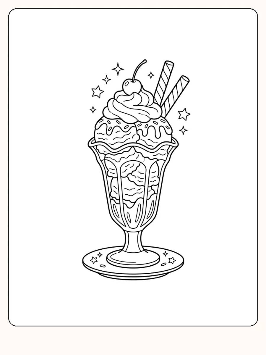 Coupe haute sur pied et assiette, avec des boules de glace, de la crème, une cerise et deux gaufrettes roulées, entourées de petites étoiles