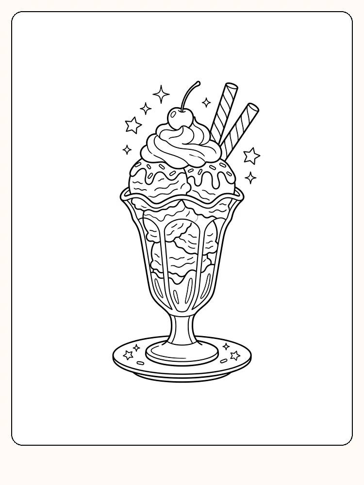 Hohes Dessertglas auf Stiel und Teller mit Eiskugeln, Sahne, Kirsche und zwei Waffelröllchen, umgeben von kleinen Sternen