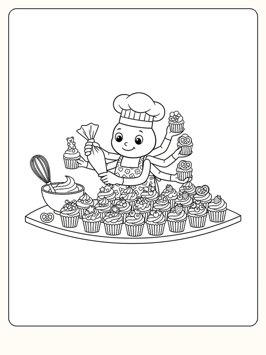 Tegning til farvelægning af en blækspruttebager, der pynter cupcakes, klar til print