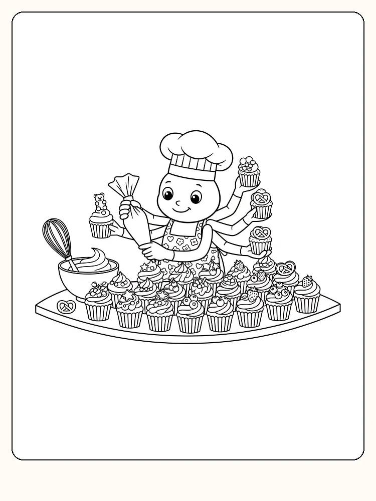 Tegning til farvelægning af en blækspruttebager, der pynter cupcakes, klar til print