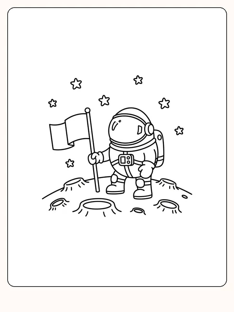 Tegning til farvelægning af en astronaut, der planter et flag på månen, omgivet af stjerner
