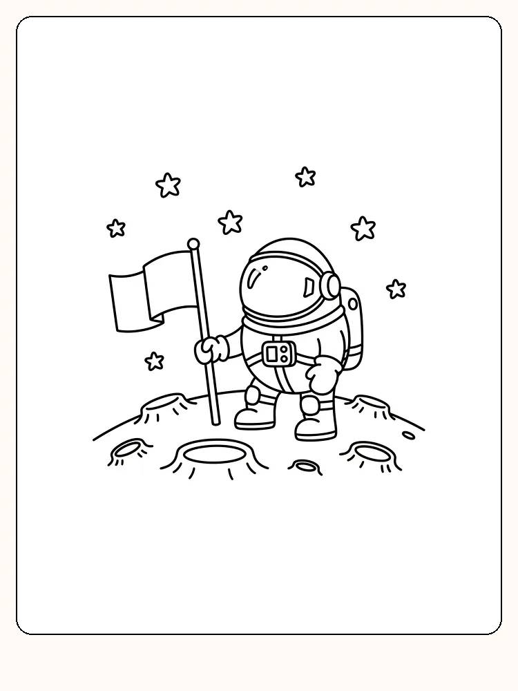 Tegning til farvelægning af en astronaut, der planter et flag på månen, omgivet af stjerner