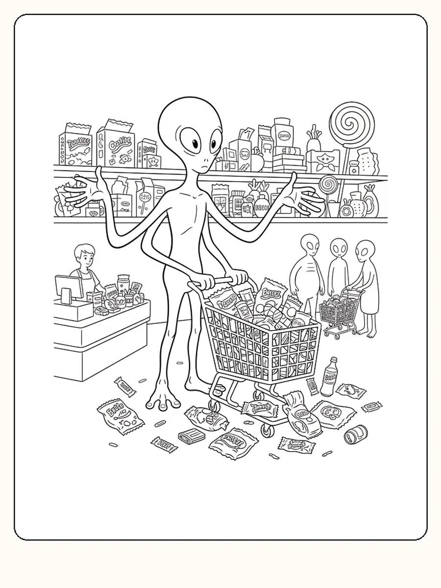 Tegning til farvelægning af et rumvæsen, der handler ind i supermarkedet, klar til print