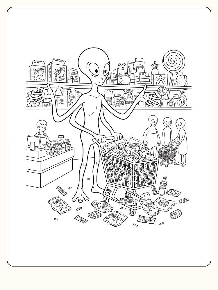 Tegning til farvelægning af et rumvæsen, der handler ind i supermarkedet, klar til print