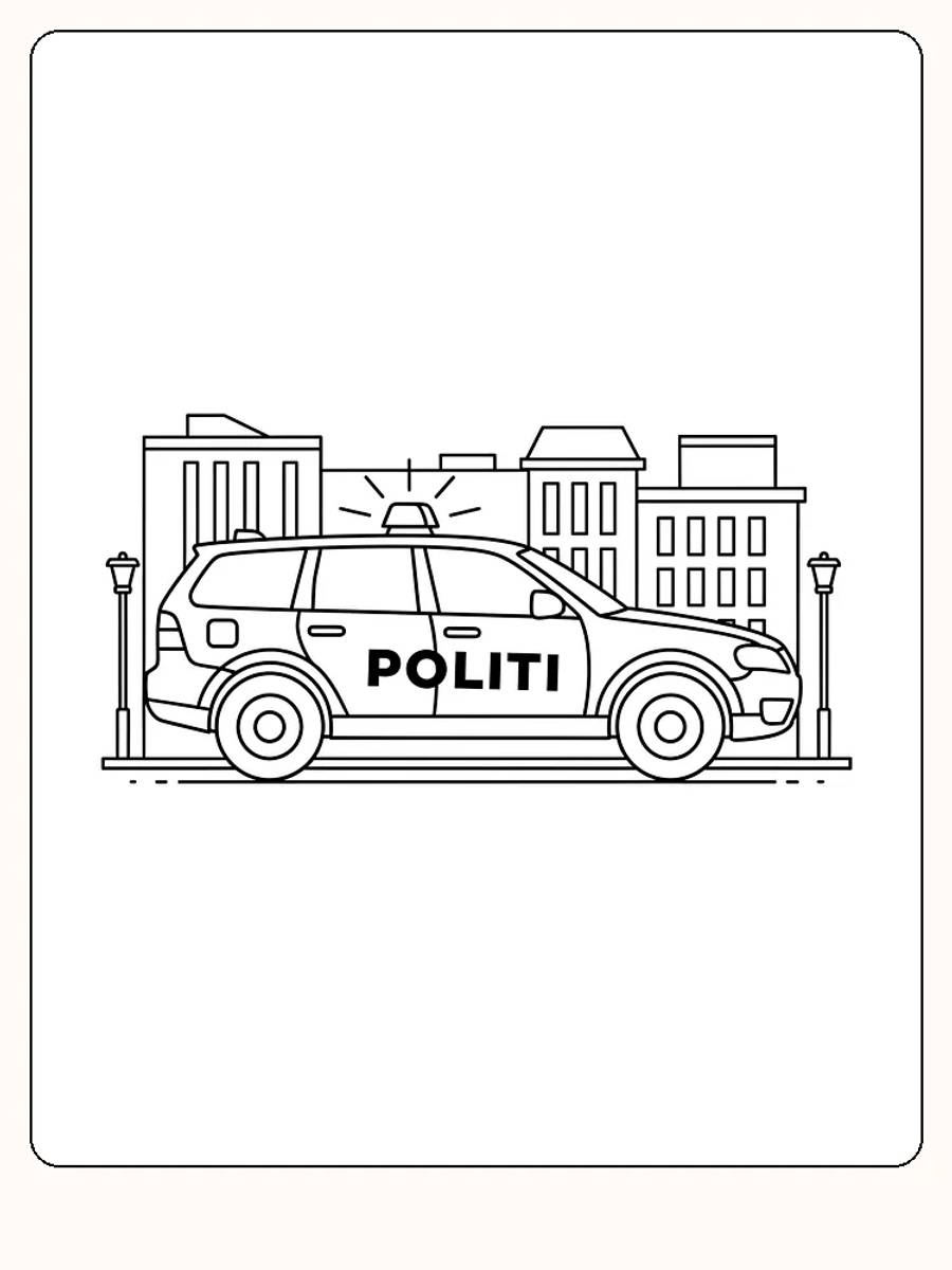 Fargeleggingstegning av politibil parkert i byen, klar til å printes og fargelegges
