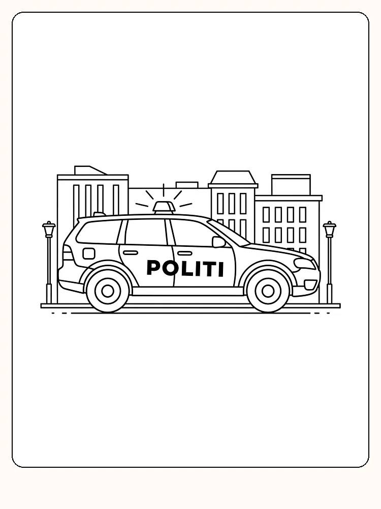 Fargeleggingstegning av politibil parkert i byen, klar til å printes og fargelegges