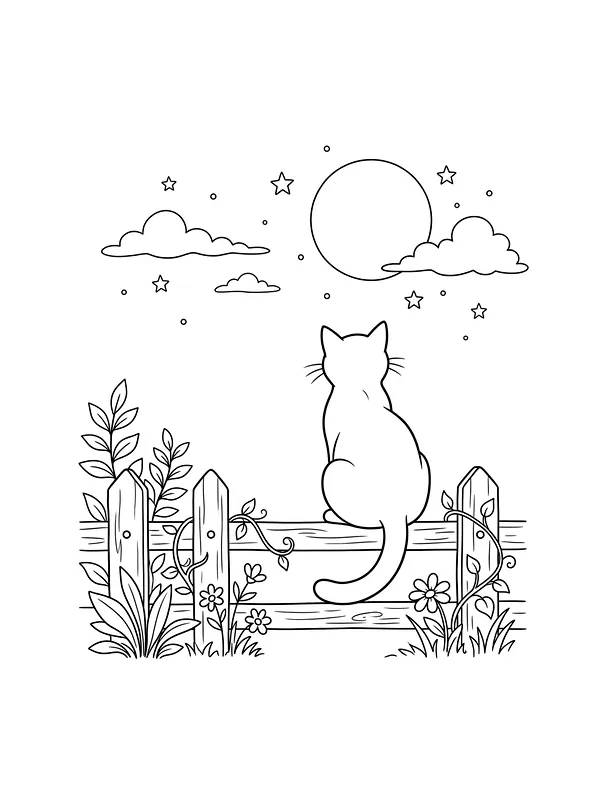 Katt på gjerde som ser på månen