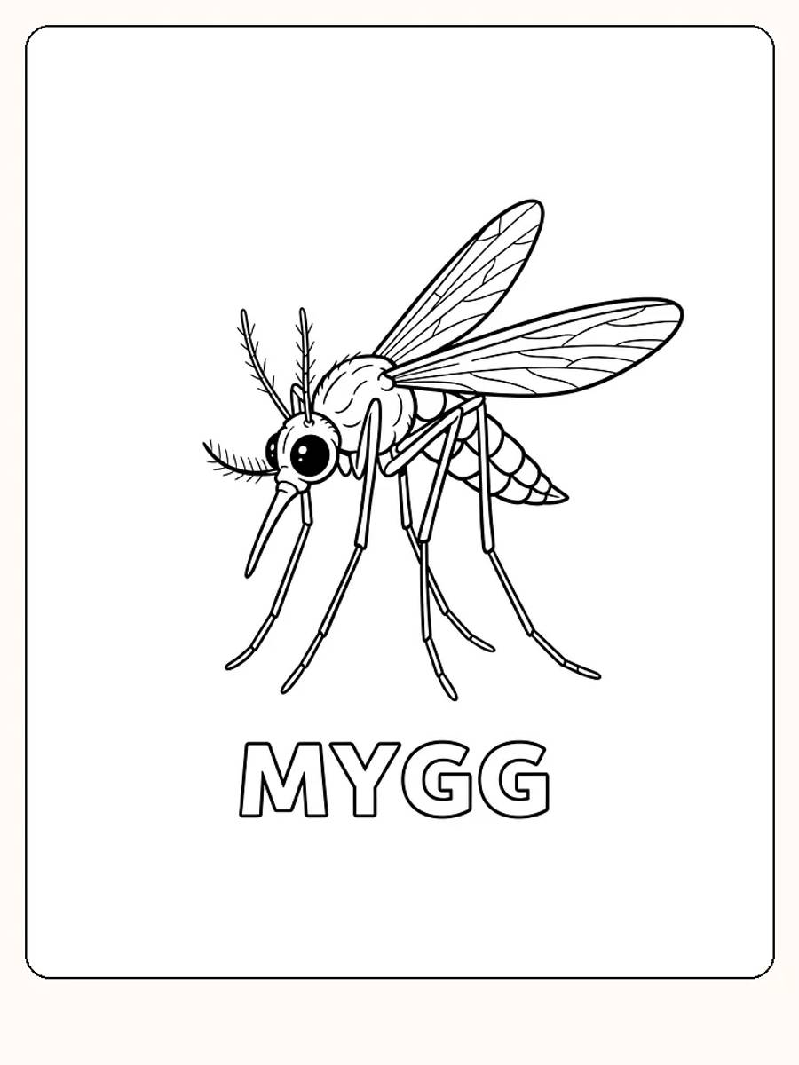 Tegning til farvelægning af en realistisk myg med tydelige detaljer, til print