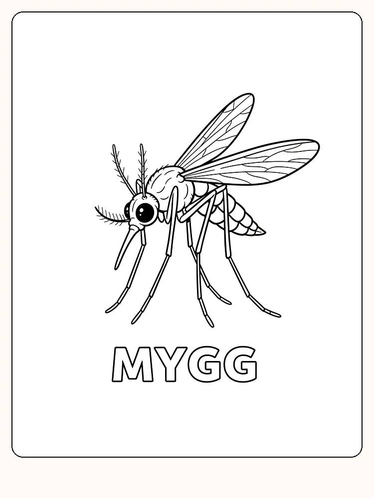 Tegning til farvelægning af en realistisk myg med tydelige detaljer, til print
