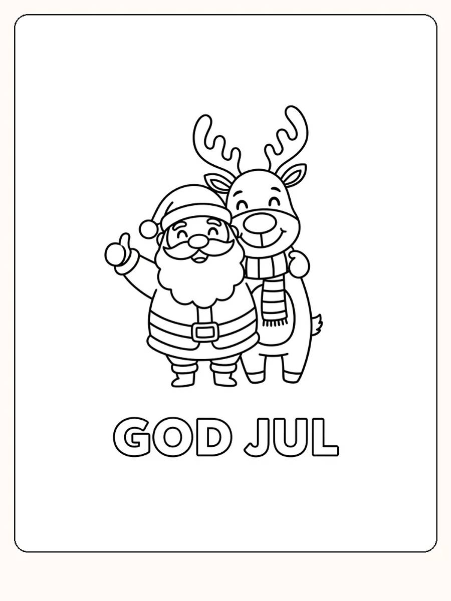 Fargeleggingsbilde av julenisse og reinsdyr med teksten God Jul, klar for utskrift