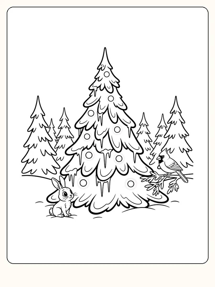 Fargeleggingstegning av juletrær med en hare og fugl, klar for nedlasting