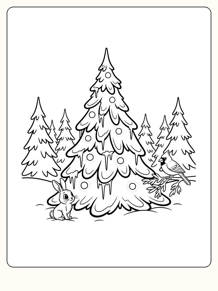 Fargeleggingstegning av juletrær med en hare og fugl, klar for nedlasting