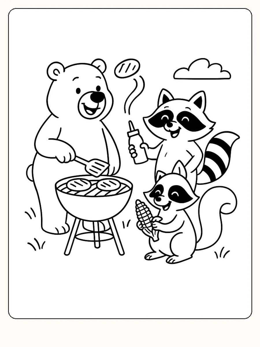 Tegning til farvelægning af en bamse og vaskebjørne, der griller