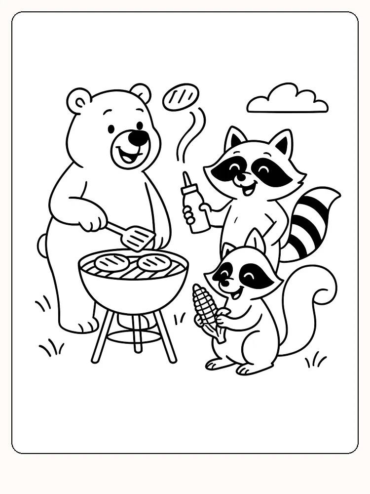Tegning til farvelægning af en bamse og vaskebjørne, der griller