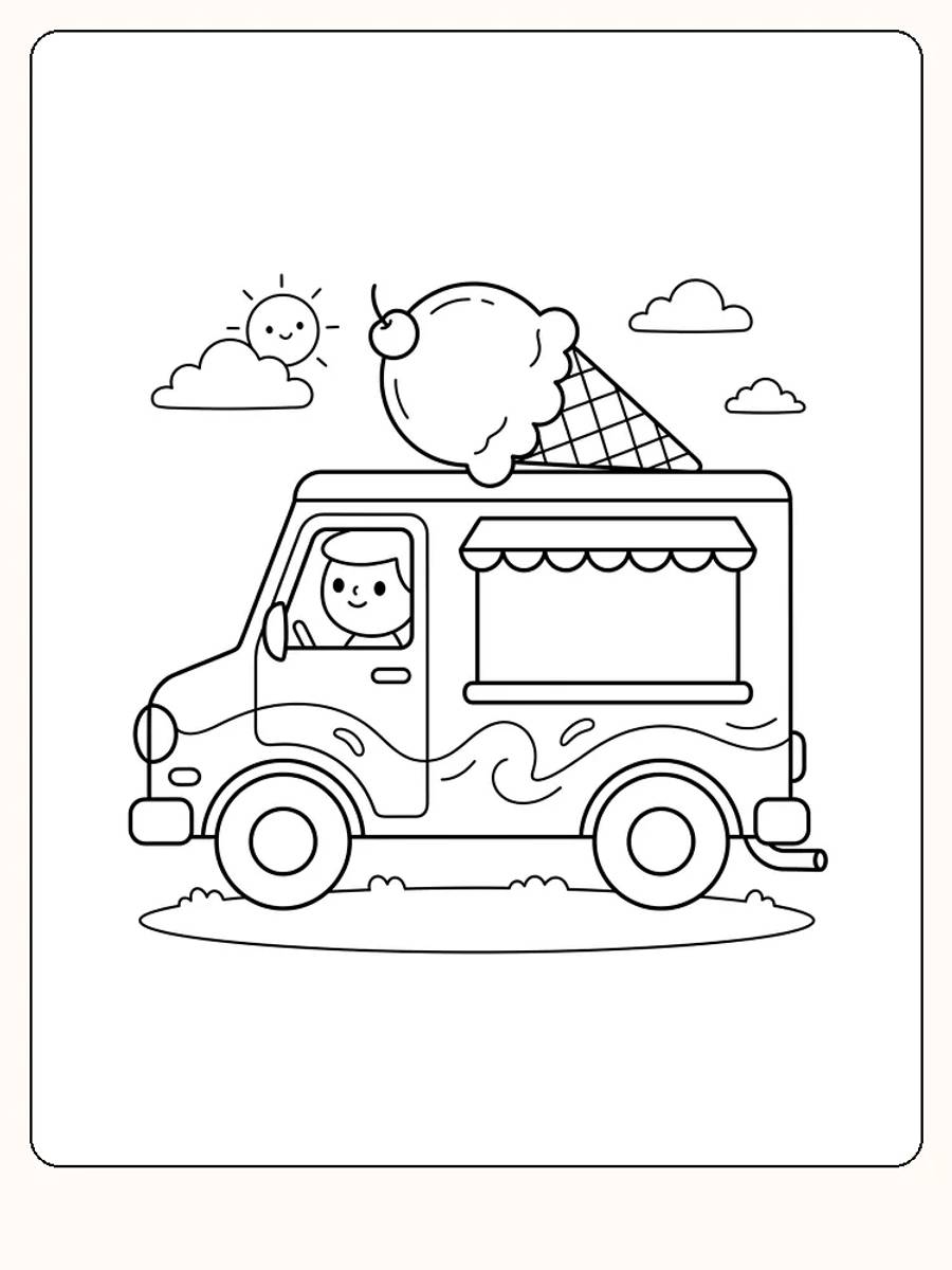 Petit camion de glaces souriant vu de côté, avec une boule de glace et une cerise sur le toit, une fenêtre de service ouverte, du soleil et des nuages