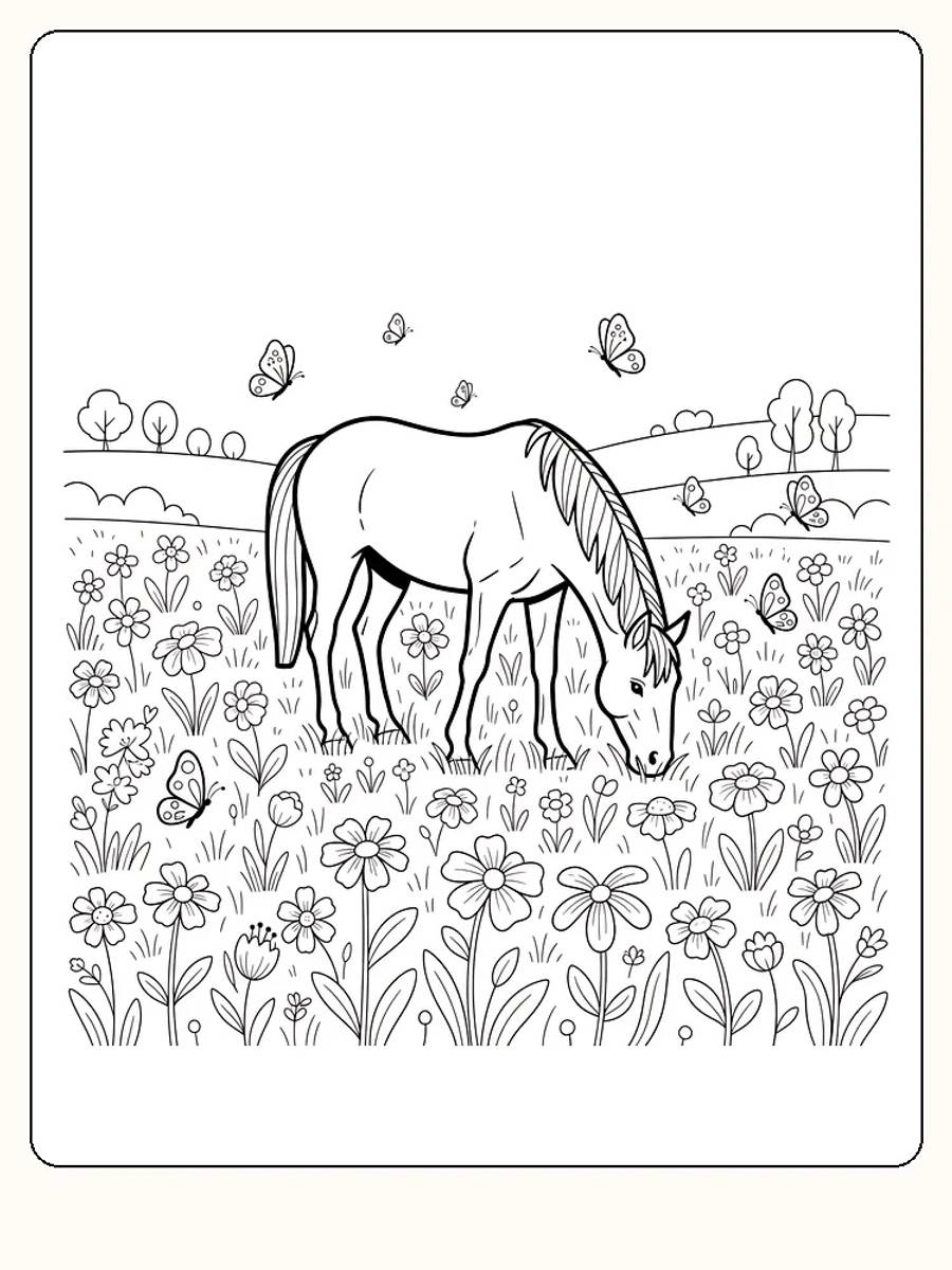 Tegning av en hest som beiter på en blomstereng med sommerfugler og fjell i bakgrunnen