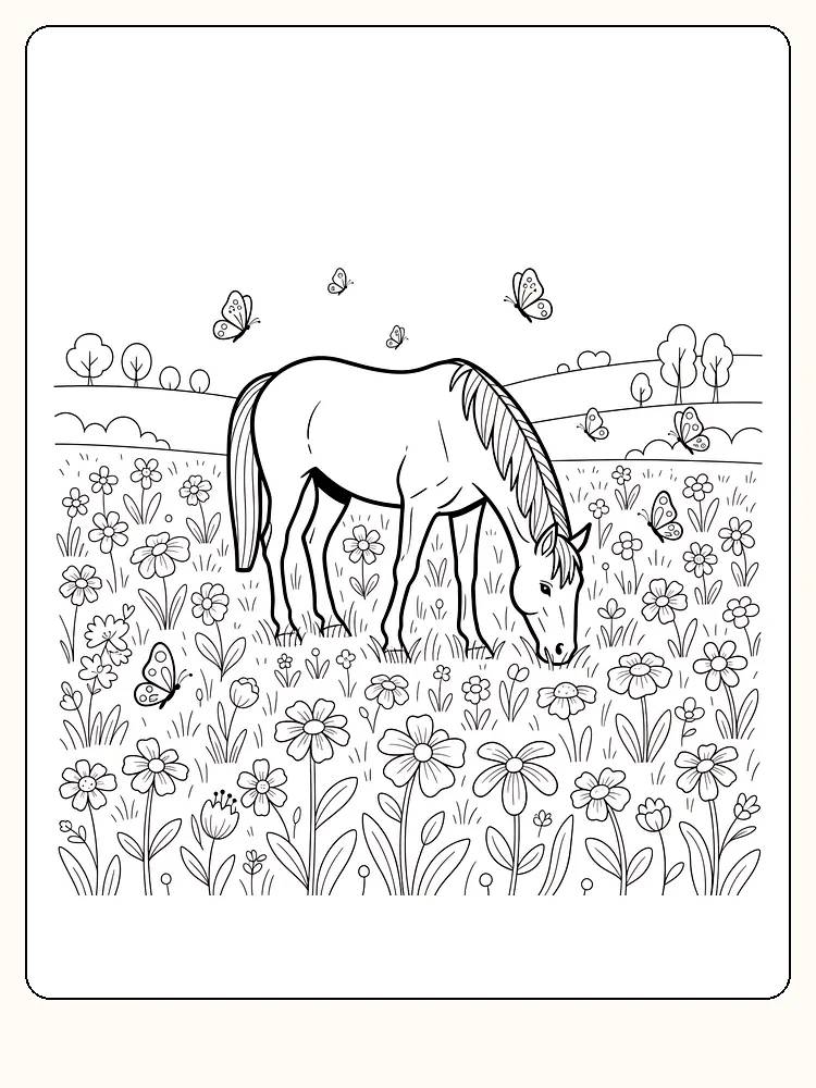 Tegning av en hest som beiter på en blomstereng med sommerfugler og fjell i bakgrunnen