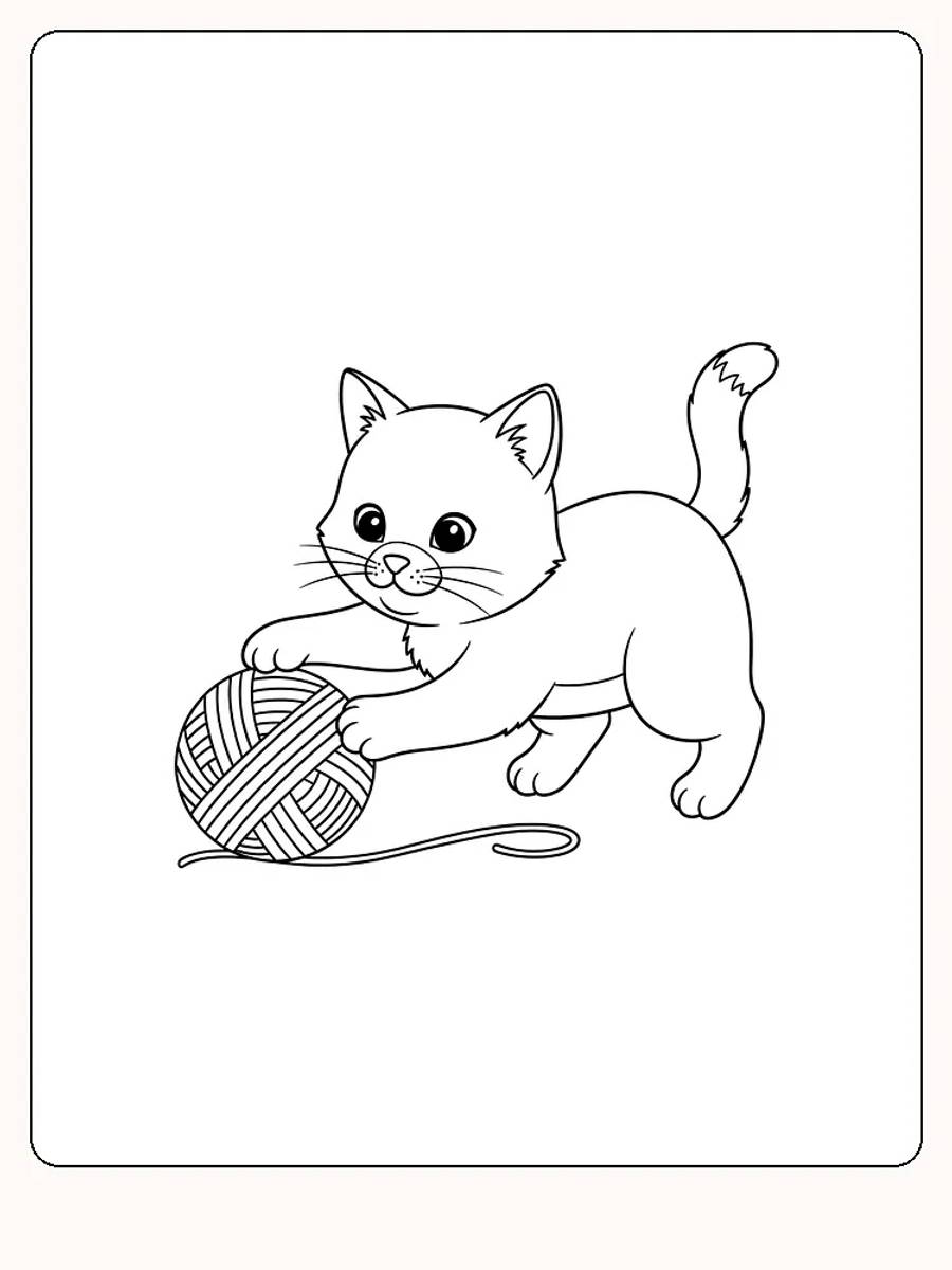 Kattunge leker med garnnøste, perfekt for utskrift og fargelegging