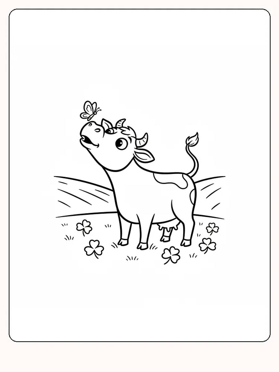 Tegning til farvelægning af sød kalv på eng med sommerfugl, klar til print