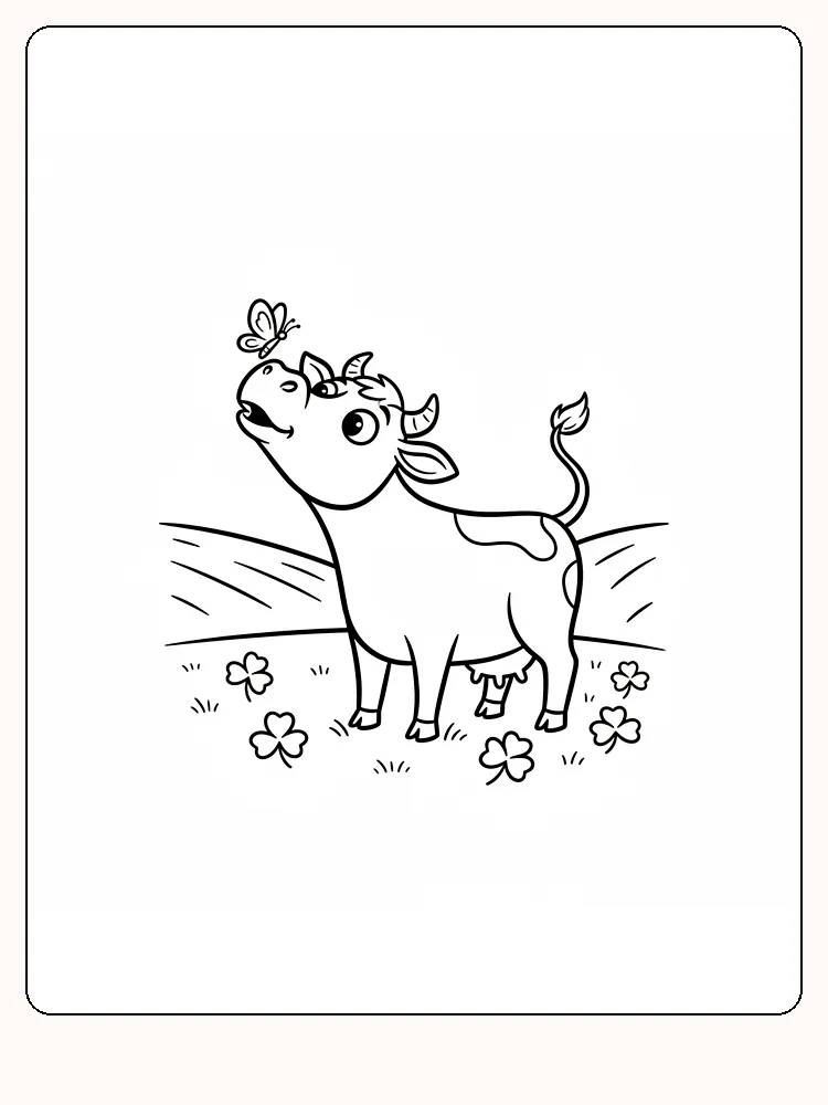 Tegning til farvelægning af sød kalv på eng med sommerfugl, klar til print