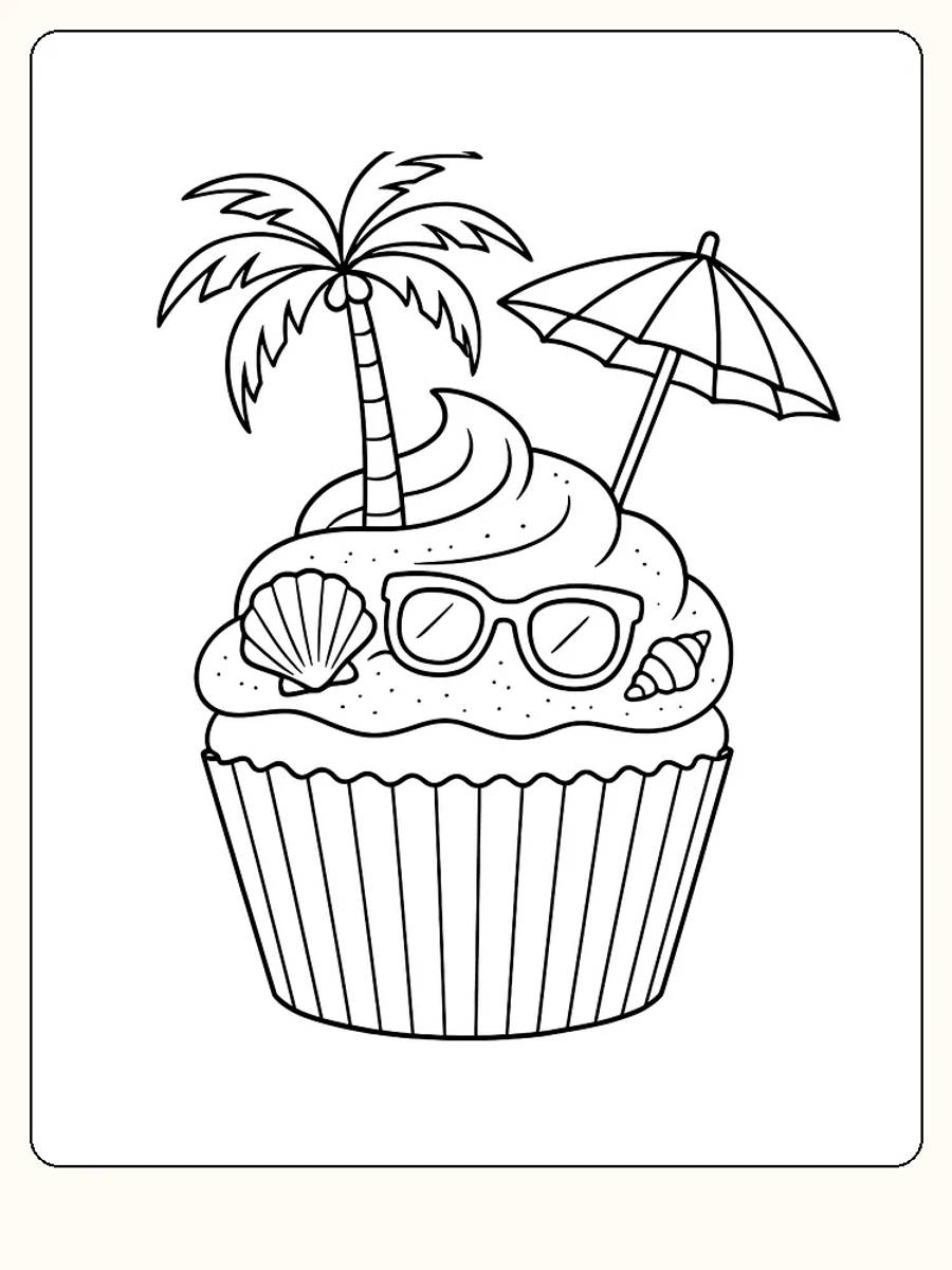 Fargeleggingstegning av muffins med palme, parasoll og briller i strandtema, klar for utskrift