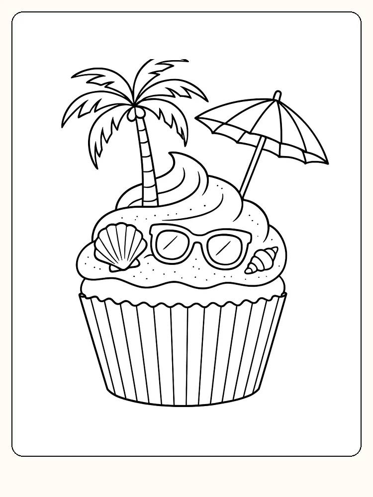 Fargeleggingstegning av muffins med palme, parasoll og briller i strandtema, klar for utskrift