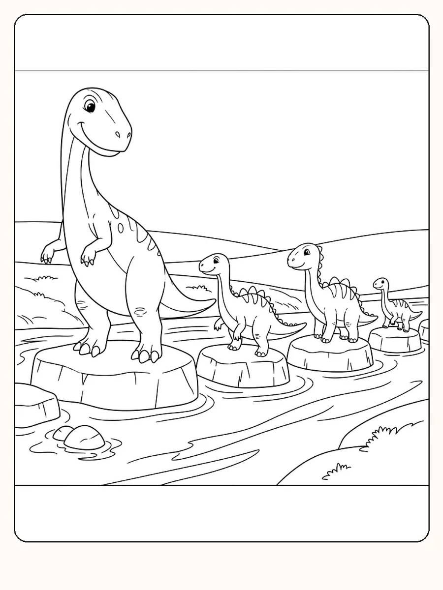 Tegning til farvelægning af dinosaurer, der krydser en å på sten, perfekt til børn