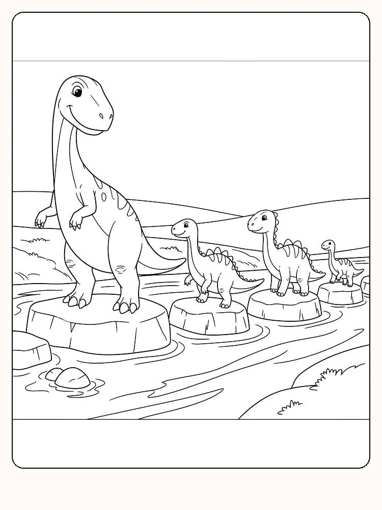 Tegning til farvelægning af dinosaurer, der krydser en å på sten, perfekt til børn