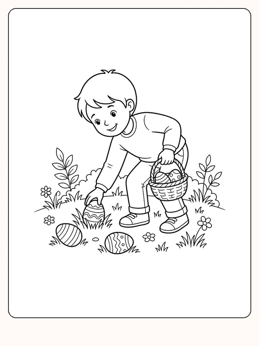 Garçon souriant qui se penche dans l'herbe pour ramasser un œuf de Pâques, avec un panier de deux œufs à la main et deux autres œufs par terre