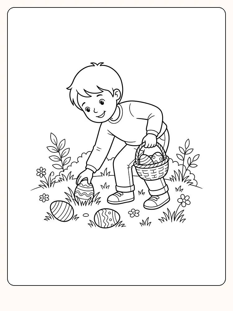 Garçon souriant qui se penche dans l'herbe pour ramasser un œuf de Pâques, avec un panier de deux œufs à la main et deux autres œufs par terre