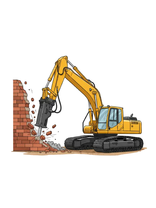 Bagger mit hydraulischem Hammer, der eine Mauer abreißt.