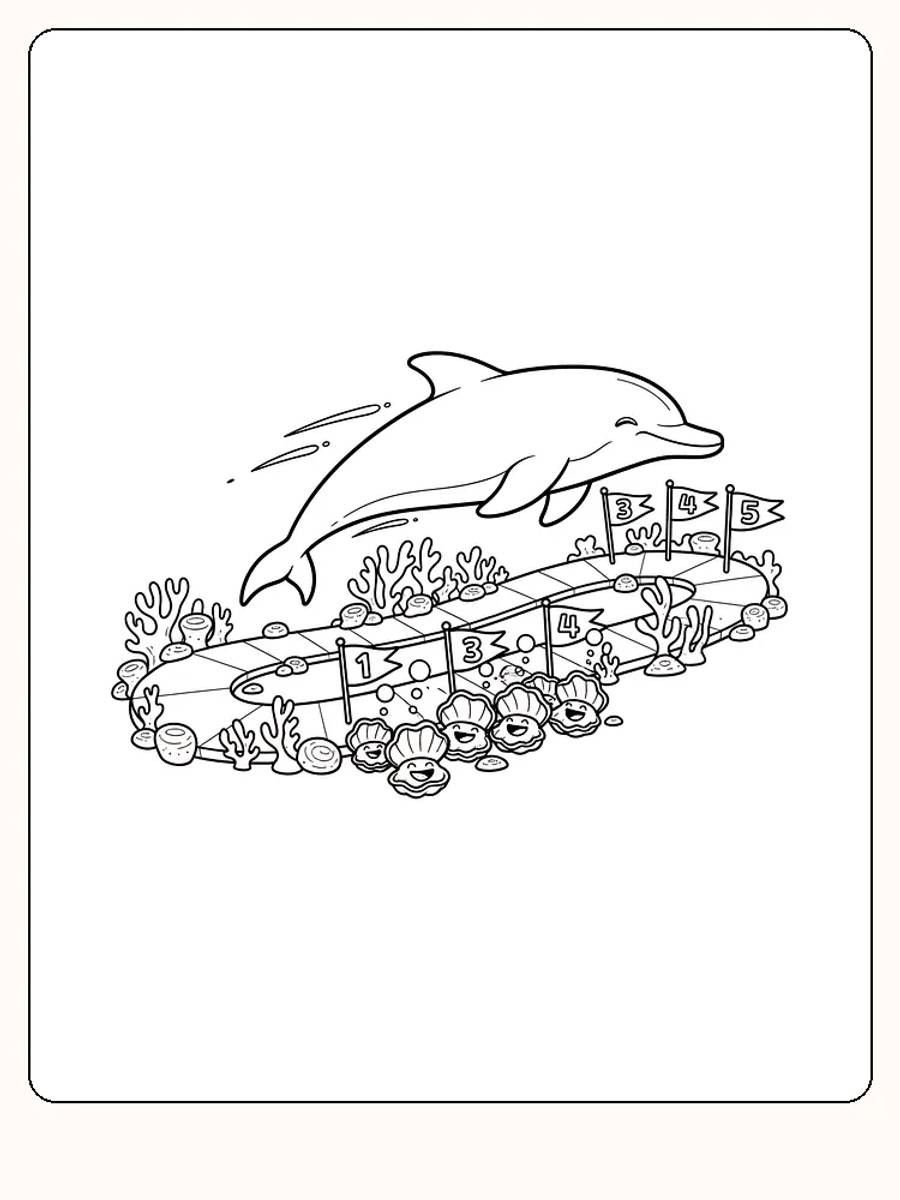 Tegning til farvelægning af en delfin, der leger med flag under vand, klar til print