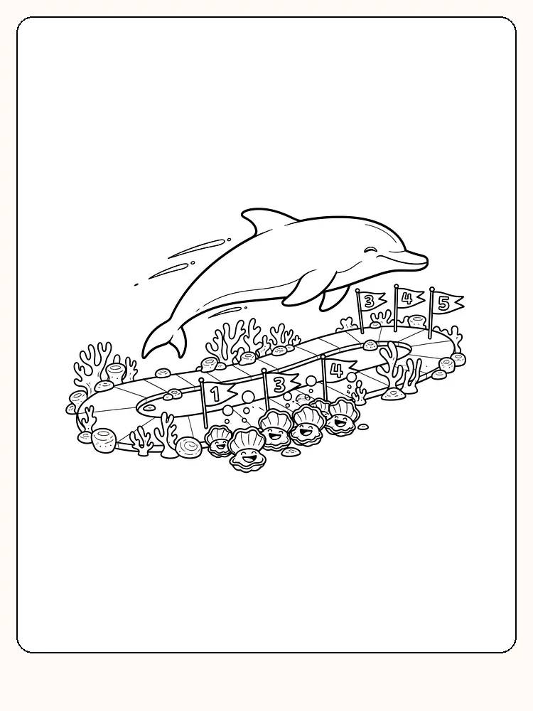Tegning til farvelægning af en delfin, der leger med flag under vand, klar til print