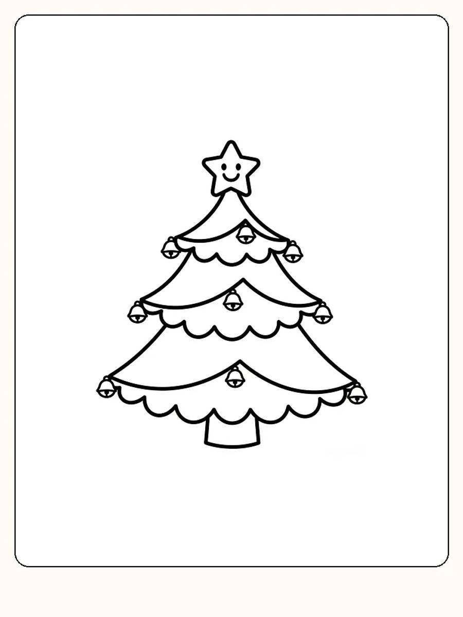 Fargeleggingstegning av et juletre med smilende stjerne og bjeller, klar for utskrift