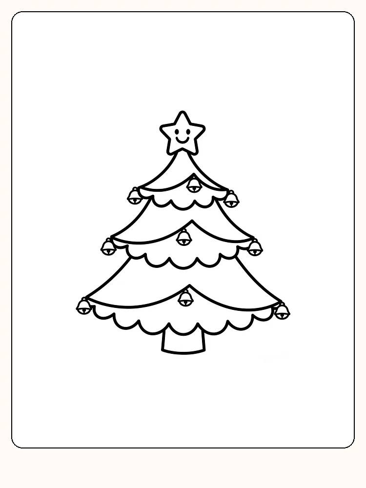 Fargeleggingstegning av et juletre med smilende stjerne og bjeller, klar for utskrift