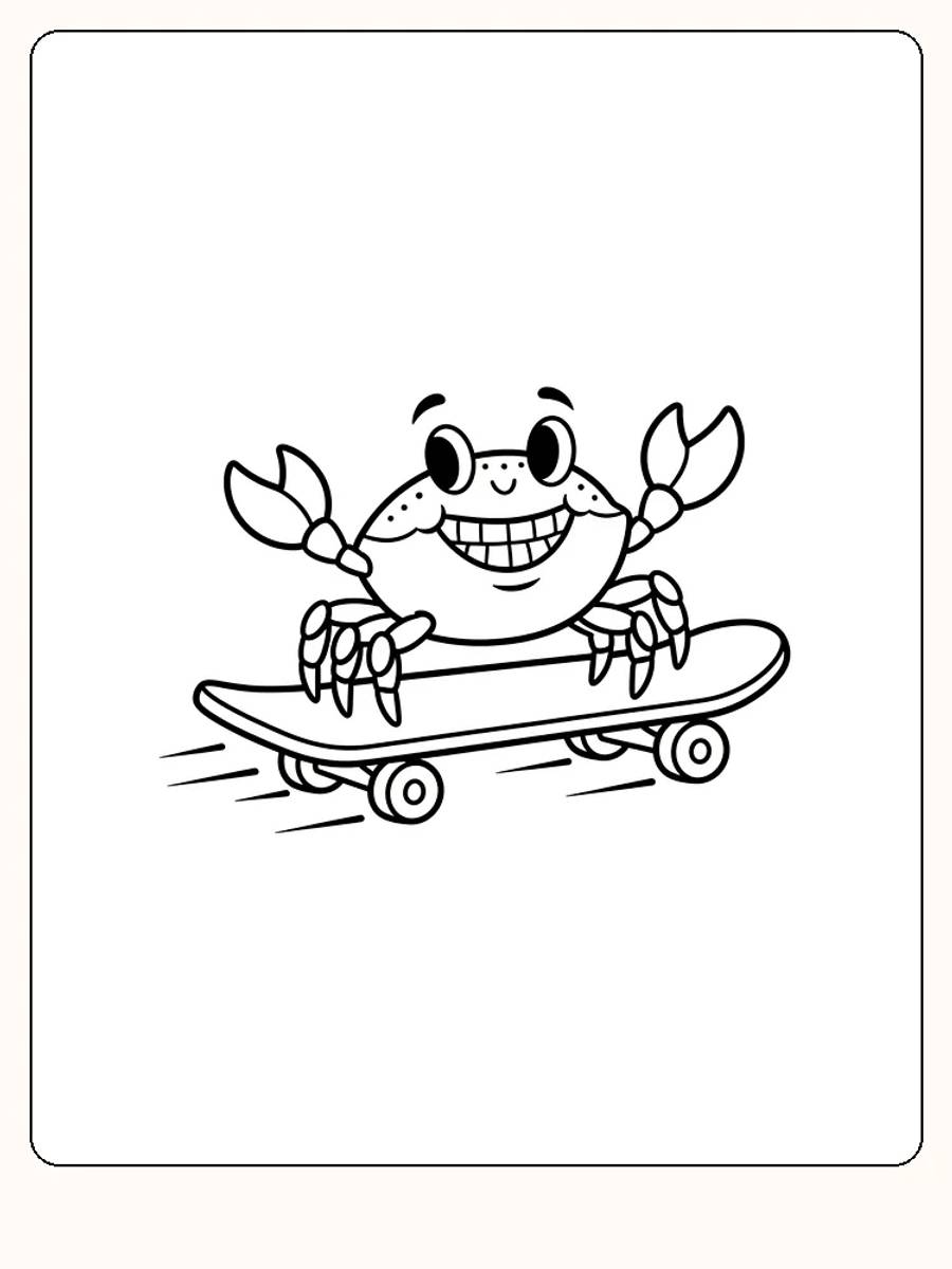 Fargeleggingstegning av en lykkelig krabbe som ruller på et skateboard, perfekt for små barn