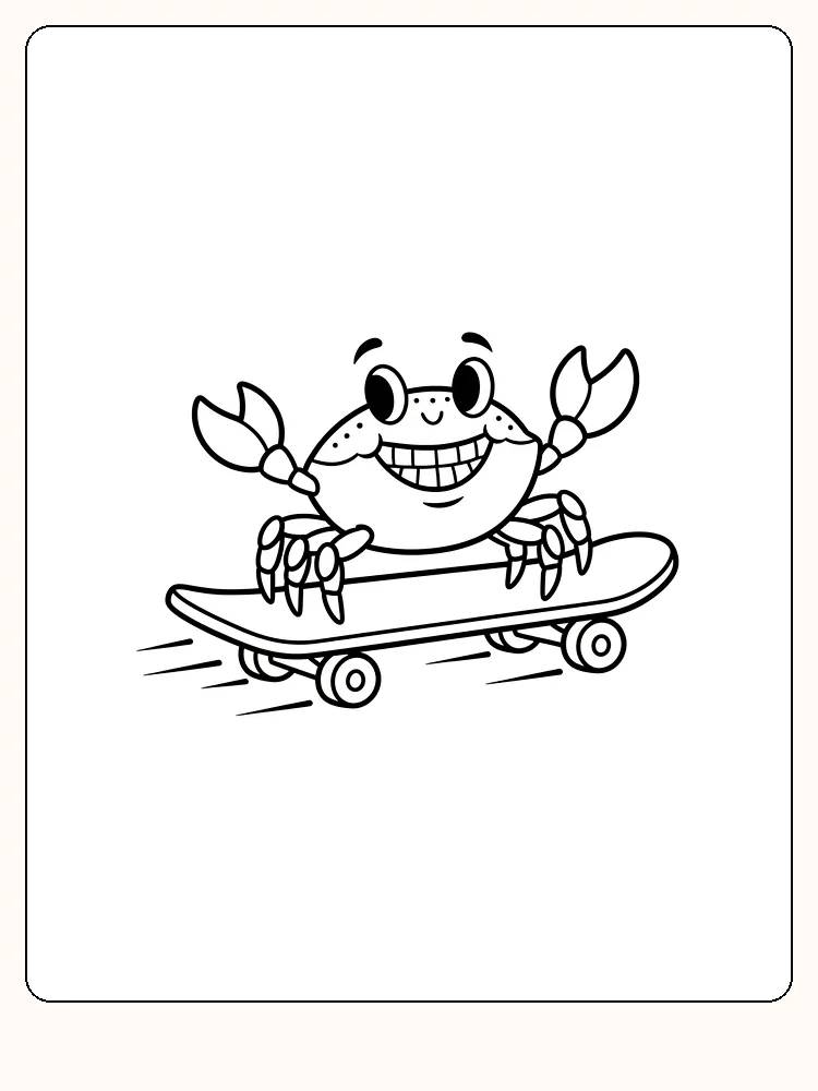 Fargeleggingstegning av en lykkelig krabbe som ruller på et skateboard, perfekt for små barn