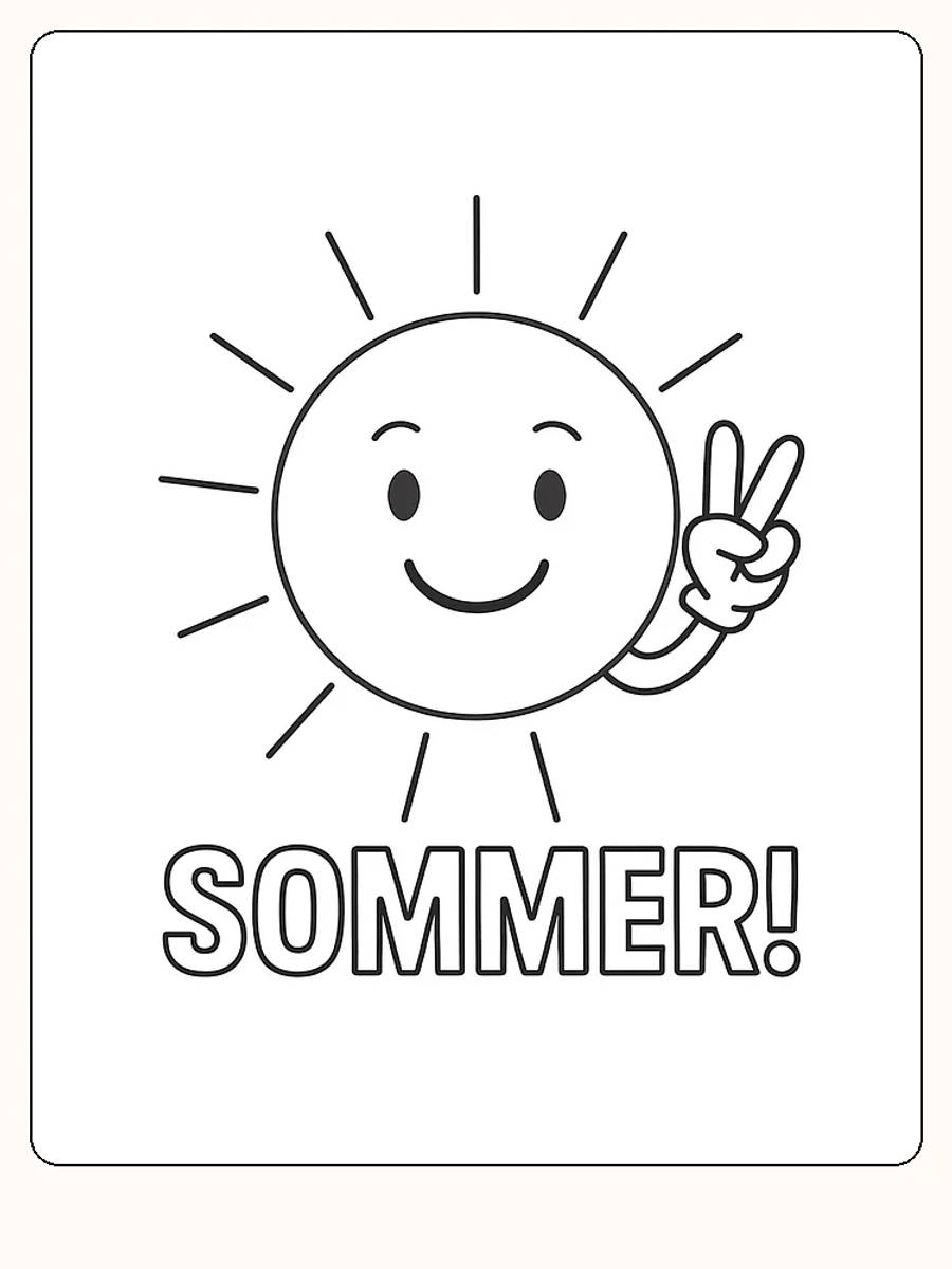 Fargeleggingstegning av en smilende sol med fredstegn og ordet sommer, perfekt for utskrift