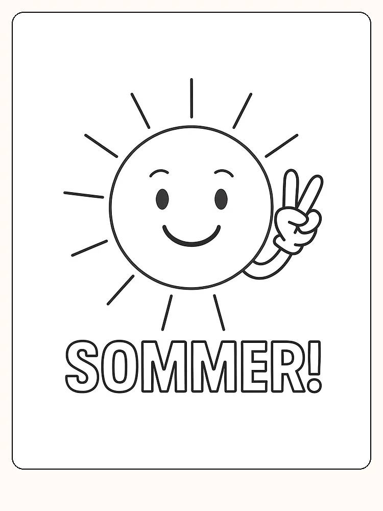 Fargeleggingstegning av en smilende sol med fredstegn og ordet sommer, perfekt for utskrift