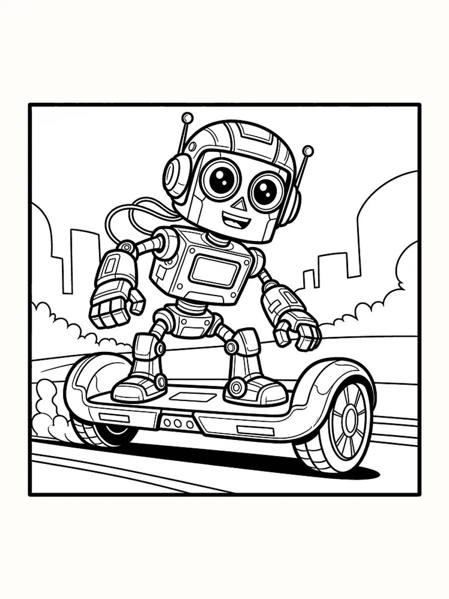 Tegning til farvelægning af en robot, der kører på en scooter, klar til print og farvelægning