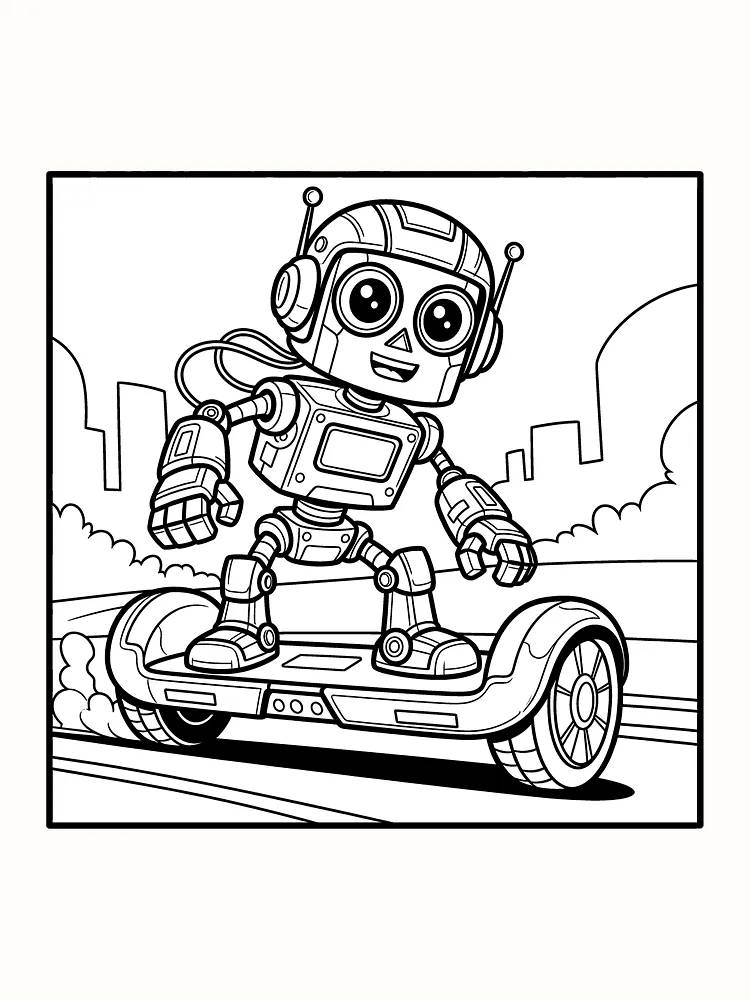 Tegning til farvelægning af en robot, der kører på en scooter, klar til print og farvelægning