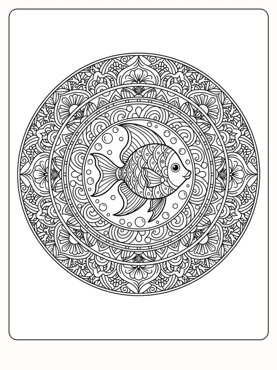 Detaljert mandala-fisk klar for fargelegging, perfekt for avslappende aktivitet
