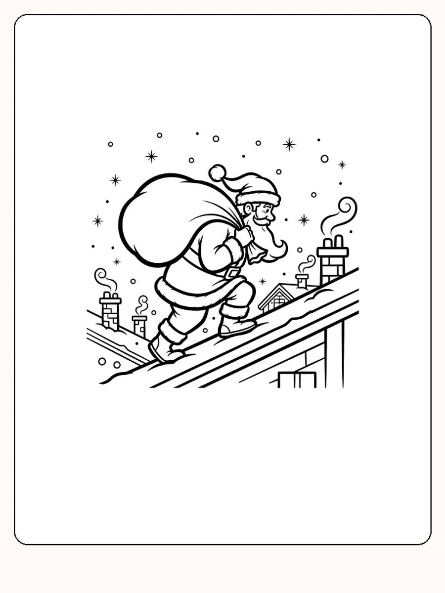 Tegning til farvelægning af julemanden, der går på et tag med en stor sæk, klar til print