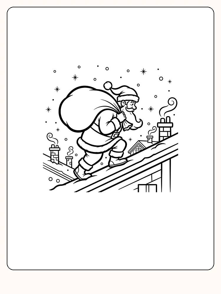 Tegning til farvelægning af julemanden, der går på et tag med en stor sæk, klar til print