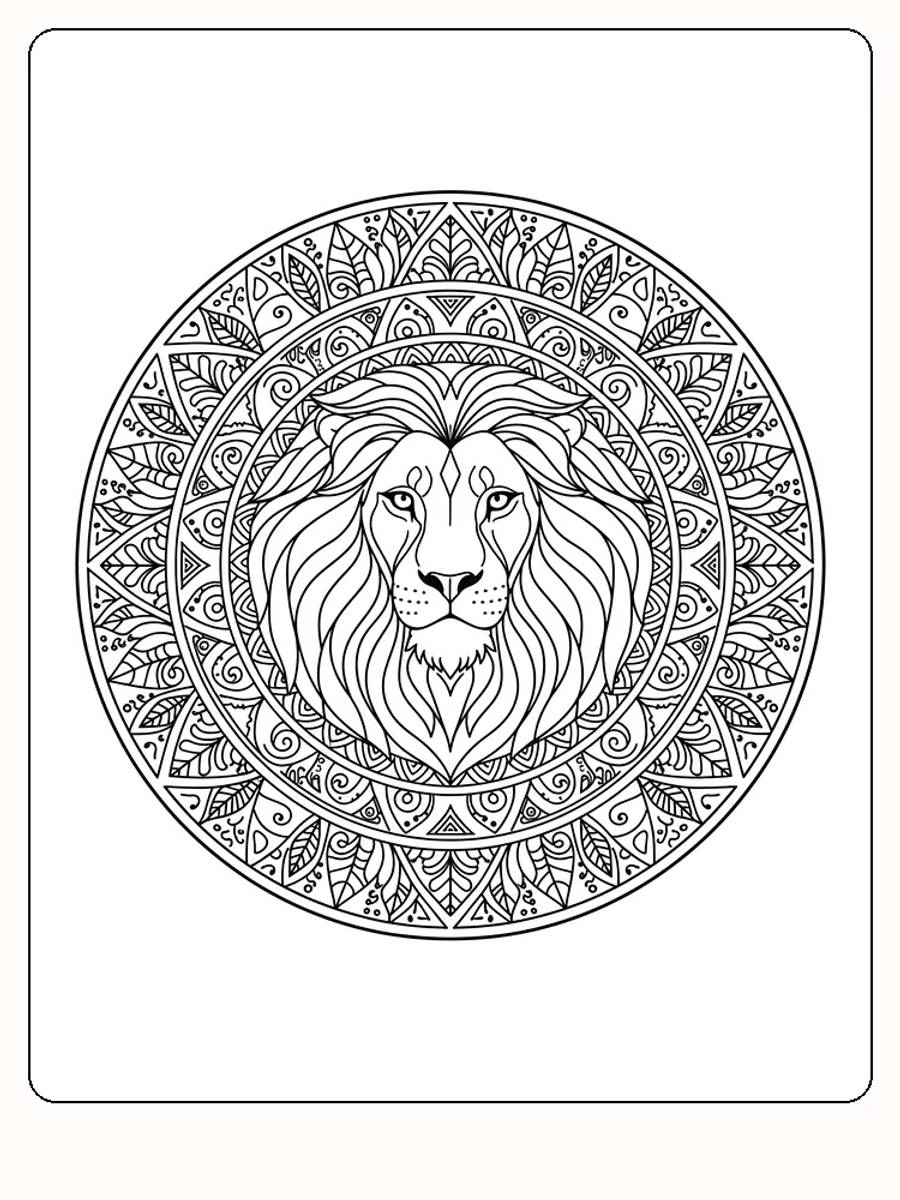 Detaljert mandala med løvehode for fargelegging, intrikate mønstre