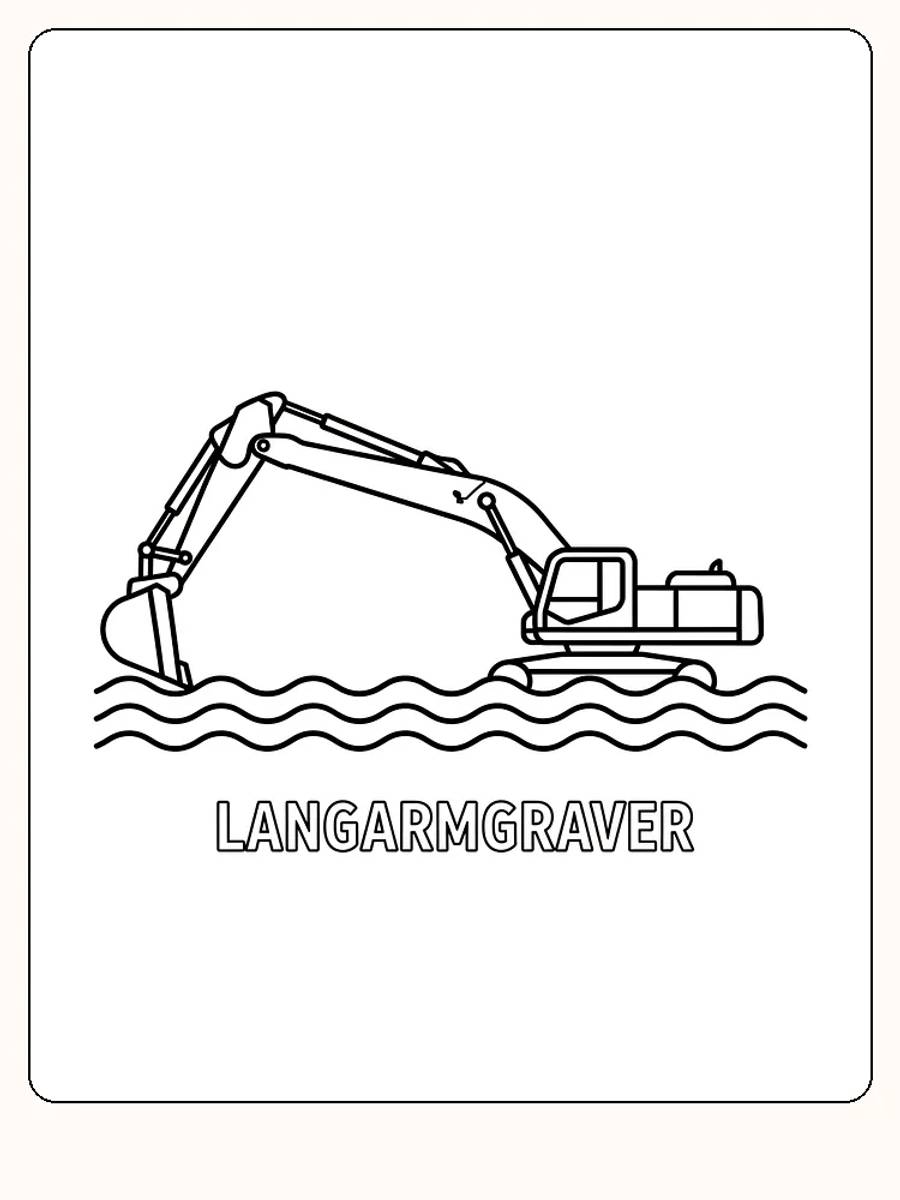 Tegning til farvelægning af en gravemaskine med lang arm, der arbejder på vandet, klar til print